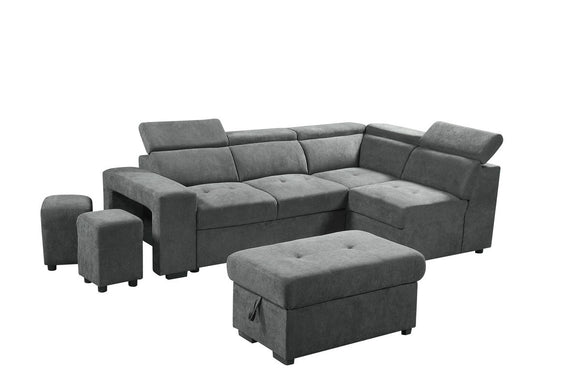 Henrik Light Gray Sleeper Sectional Sofa with Storage Ottoman and 2 Stools