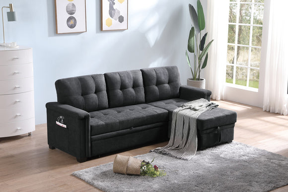 Kinsley Dark Gray Woven Fabric Sleeper Sectional Sofa Chaise with USB Charger and Tablet Pocket