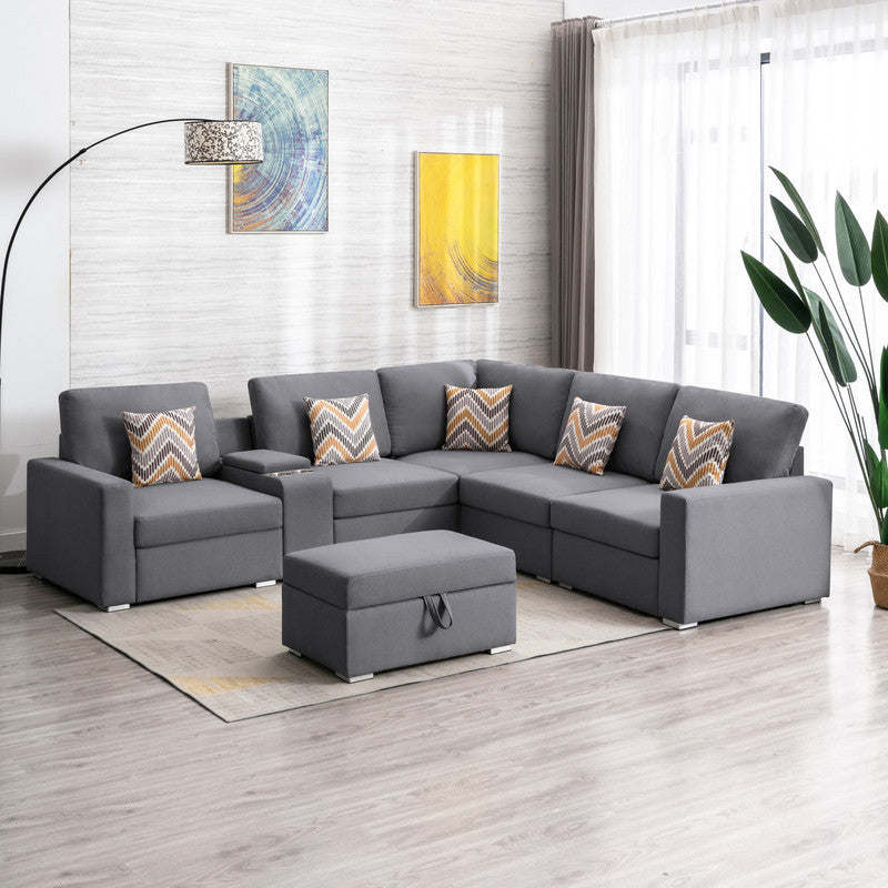Nolan Gray Linen Fabric 7Pc Reversible Sectional Sofa with Interchangeable Legs, Pillows, Storage Ottoman, and a USB, Charging Ports, Cupholders, Storage Console Table