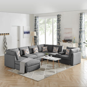 Amira Gray Fabric Reversible Modular Sectional Sofa with USB Console and Ottoman