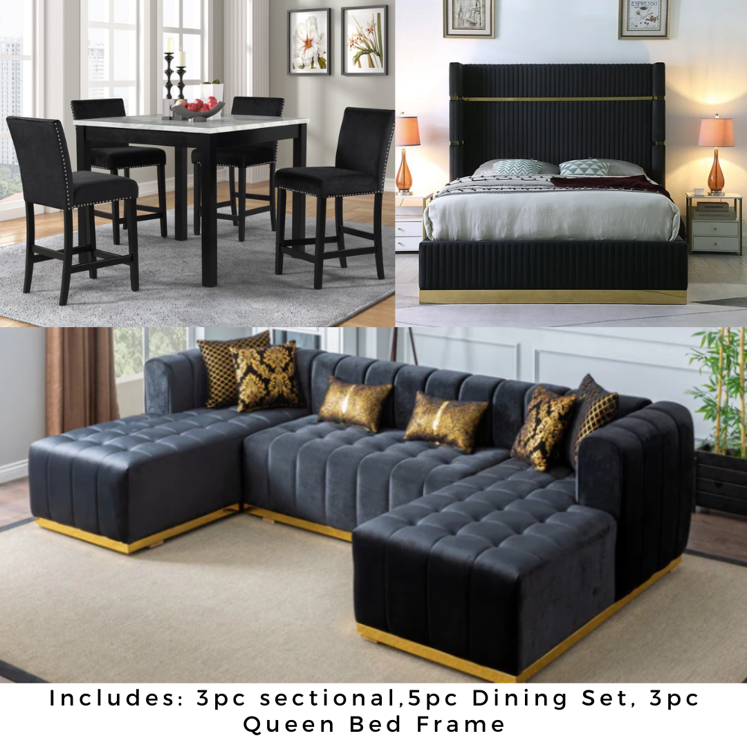 OVERSIZED SIESTA VELVET SECTIONAL 3 ROOM PACKAGE - BLACK