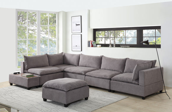 Madison Light Gray Fabric 7 Piece Modular Sectional Sofa with Ottoman and USB Storage Console Table