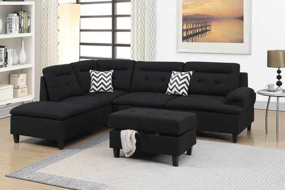 Black Cushion Sectional w Ottoman Linen Like Fabric