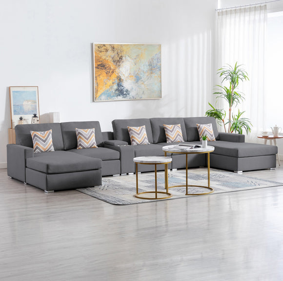 Nolan Gray Linen Fabric 6Pc Double Chaise Sectional Sofa with Interchangeable Legs, a USB, Charging Ports, Cupholders, Storage Console Table and Pillows