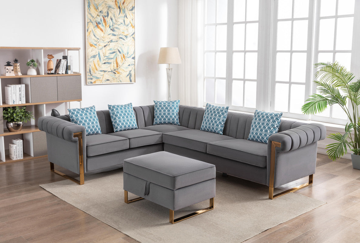 Maddie Gray Velvet 6-Seater Sectional Sofa with Storage Ottoman