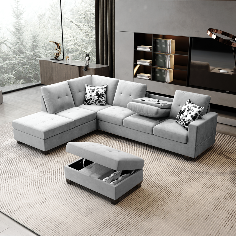 Remi Light Gray Velvet Reversible Sectional Sofa with Dropdown Table, Charging Ports, Cupholders, Storage Ottoman, and Pillows