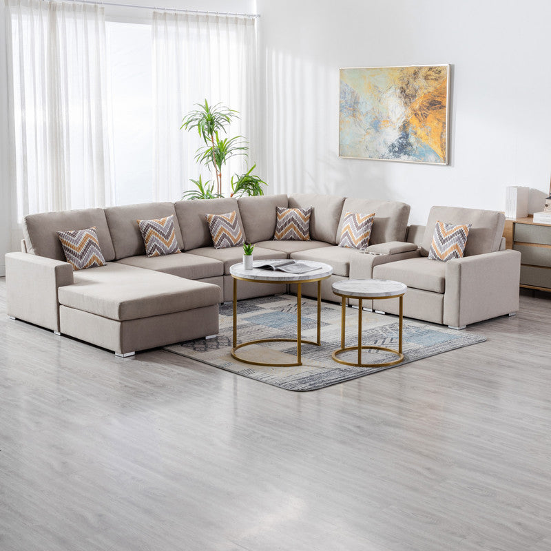 Nolan Beige Linen Fabric 7Pc Reversible Chaise Sectional Sofa with a USB, Charging Ports, Cupholders, Storage Console Table and Pillows and Interchangeable Legs