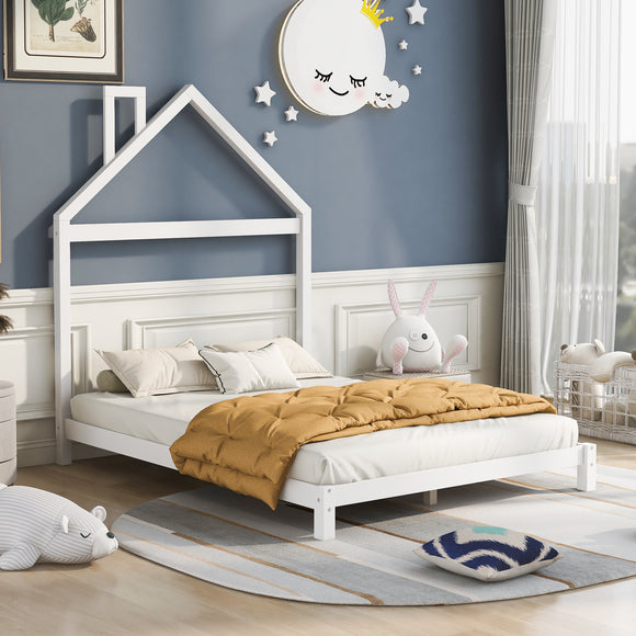 Full Size Wood Platform Bed with House-shaped Headboard  (White)