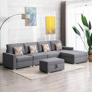 Nolan Gray Linen Fabric 5Pc Reversible Sofa Chaise with Interchangeable Legs, Storage Ottoman, and Pillows