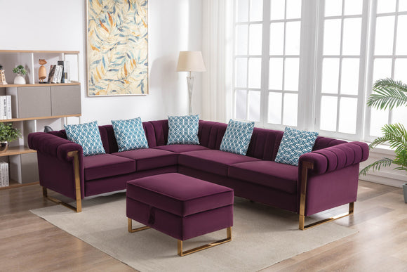 Maddie Purple Velvet 6-Seater Sectional Sofa with Storage Ottoman