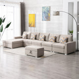 Nolan Beige Linen Fabric 6Pc Reversible Sectional Sofa Chaise with Interchangeable Legs, Pillows and Storage Ottoman