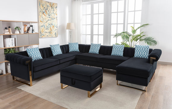 Maddie Black Velvet 8-Seater Sectional Sofa with Reversible Chaise and Storage Ottoman