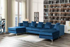 Ryan Deep Blue Velvet Double Chaise Sectional Sofa with Nail-Head Trim