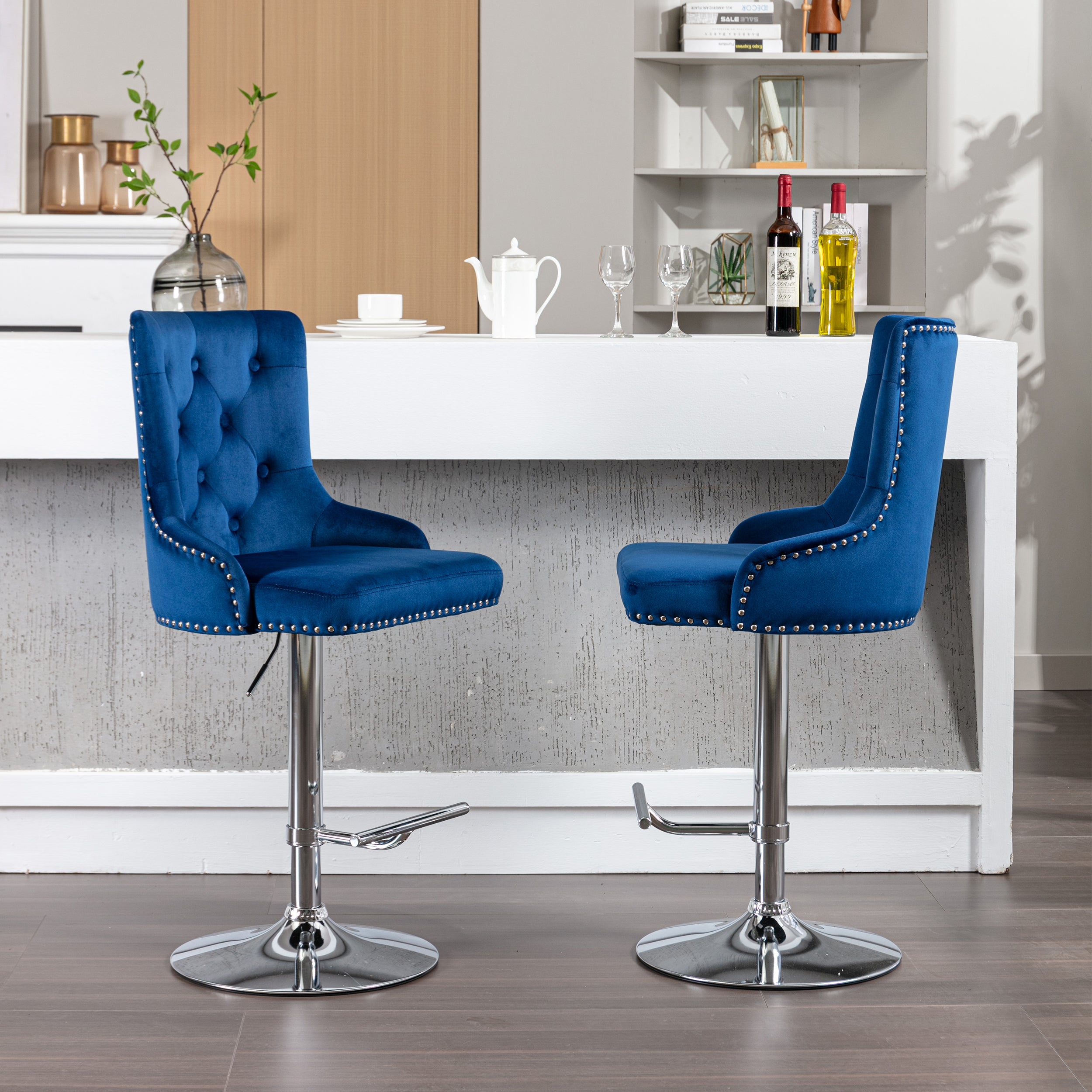 Swivel Velvet Barstools Adjusatble Seat Height , Modern Upholstered Bar Stools with Backs Comfortable Tufted for Home Pub and Kitchen Island（Dark Navy,Set of 2）