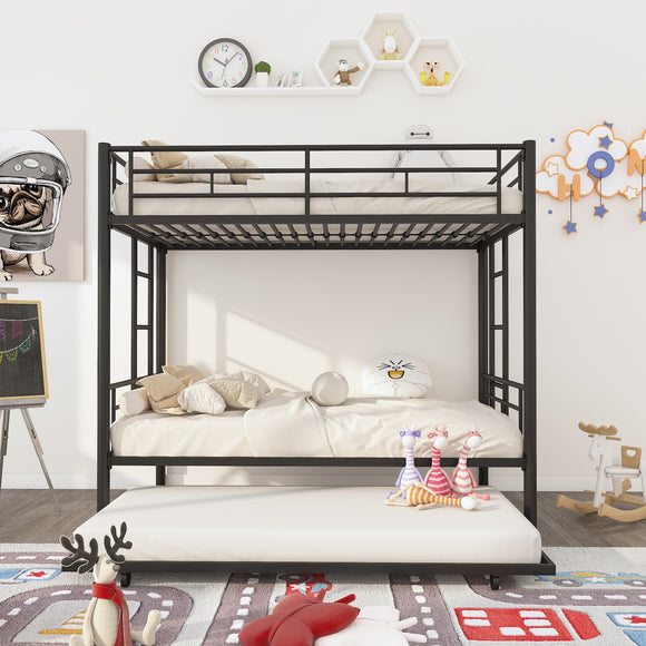 Twin Over Twin Metal Bunk Bed Frame with Trundle（Upgrade reinforcement version）