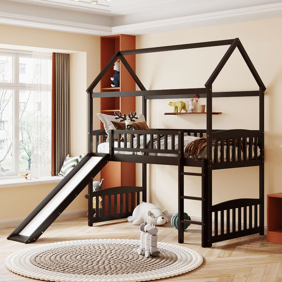 Twin Loft Bed with Slide, House Bed with Slide,Espresso(OLD SKU :LT000212AAP)