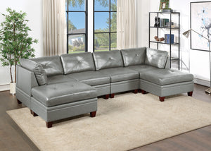 Genuine Leather Sectional w/ Ottomans 6pc Set Grey