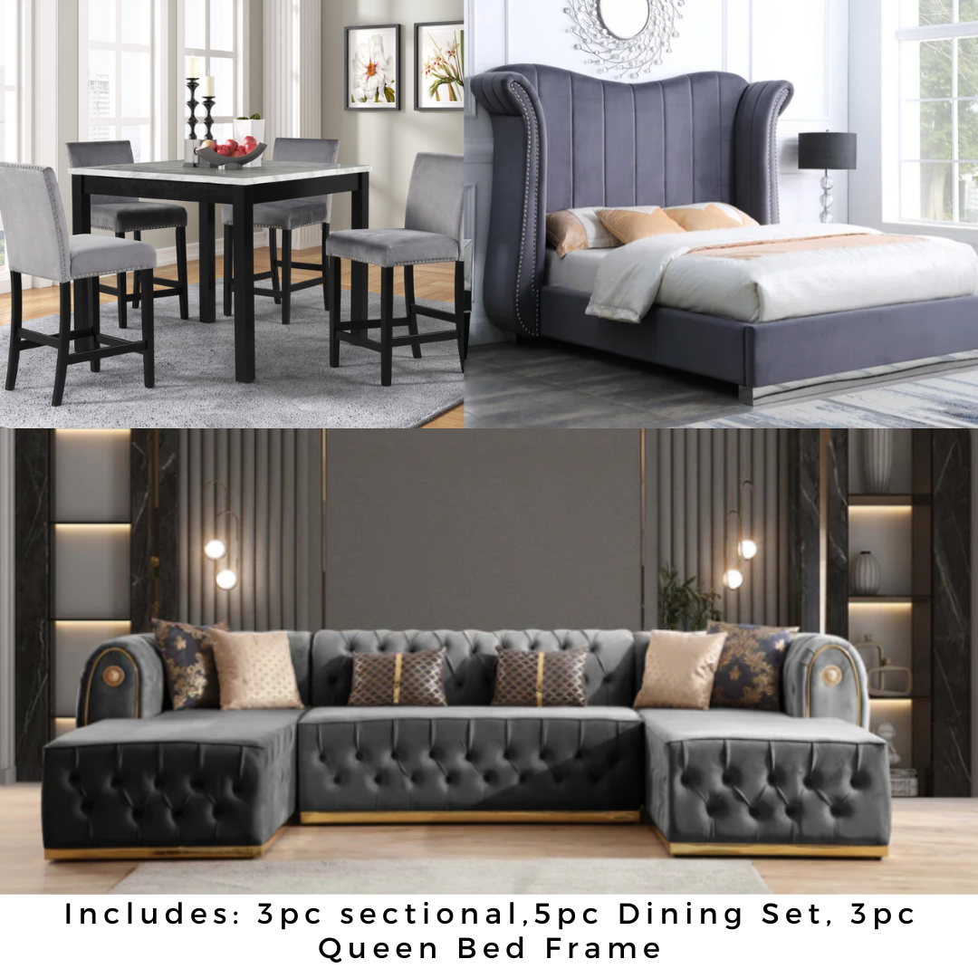 DOUBLE CHAISE LUNA GRAY VELVET SECTIONAL 3 ROOM PACKAGE