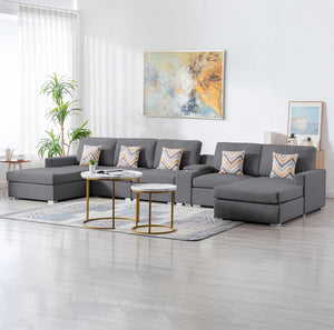 Nolan Gray Linen Fabric 6Pc Double Chaise Sectional Sofa with Interchangeable Legs, a USB, Charging Ports, Cupholders, Storage Console Table and Pillows