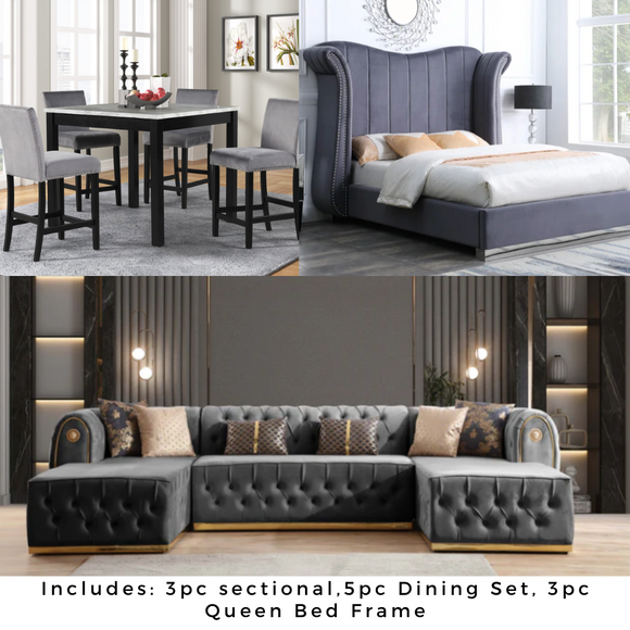 DOUBLE CHAISE LUNA GRAY VELVET SECTIONAL 3 ROOM PACKAGE