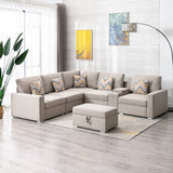 Nolan Beige Linen Fabric 7Pc Reversible Sectional Sofa with Interchangeable Legs, Pillows, Storage Ottoman, and a USB, Charging Ports, Cupholders, Storage Console Table