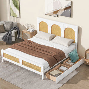 White Queen Size Wood Storage Platform Bed with 2 Drawers, Rattan Headboard and Footboard