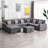 Nolan Gray Linen Fabric 7Pc Reversible Chaise Sectional Sofa with Interchangeable Legs, Pillows and Storage Ottoman