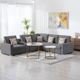 Nolan Gray Linen Fabric 6Pc Reversible Sectional Sofa with a USB, Charging Ports, Cupholders, Storage Console Table and Pillows and Interchangeable Legs