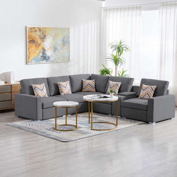 Nolan Gray Linen Fabric 6Pc Reversible Sectional Sofa with a USB, Charging Ports, Cupholders, Storage Console Table and Pillows and Interchangeable Legs