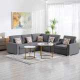 Nolan Gray Linen Fabric 6Pc Reversible Sectional Sofa with a USB, Charging Ports, Cupholders, Storage Console Table and Pillows and Interchangeable Legs