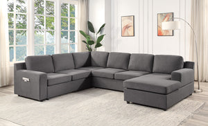 Waylon Gray Linen 6-Seater U-Shape Sectional Sofa Chaise and Pocket