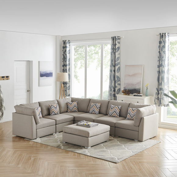 Amira Beige Fabric Reversible Modular Sectional Sofa with Ottoman and Pillows