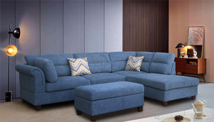 Diego Blue Fabric Sectional Sofa with Right Facing Chaise, Storage Ottoman, and 2 Accent Pillows