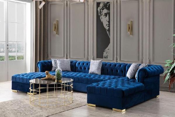 LAUREN VELVET NAVY DOUBLE CHAISE SECTIONAL