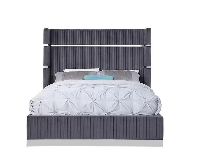 ASPEN TUFTED BED IN SILVER VELVET WITH GOLD ACCENTS