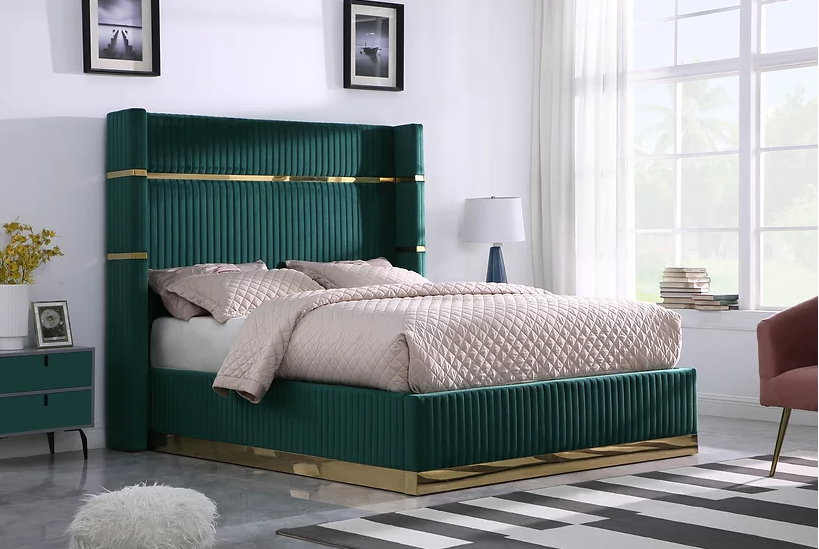 ASPEN TUFTED BED IN GREEN VELVET WITH GOLD ACCENTS