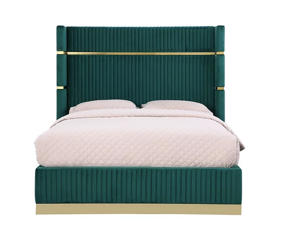 ASPEN TUFTED BED IN GREEN VELVET WITH GOLD ACCENTS