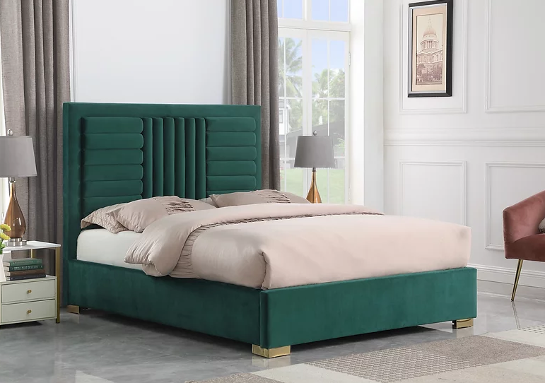 ANITA TUFTED ROLL BED IN GREEN VELVET WITH GOLD LEGS