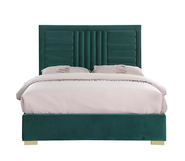 ANITA TUFTED ROLL BED IN GREEN VELVET WITH GOLD LEGS