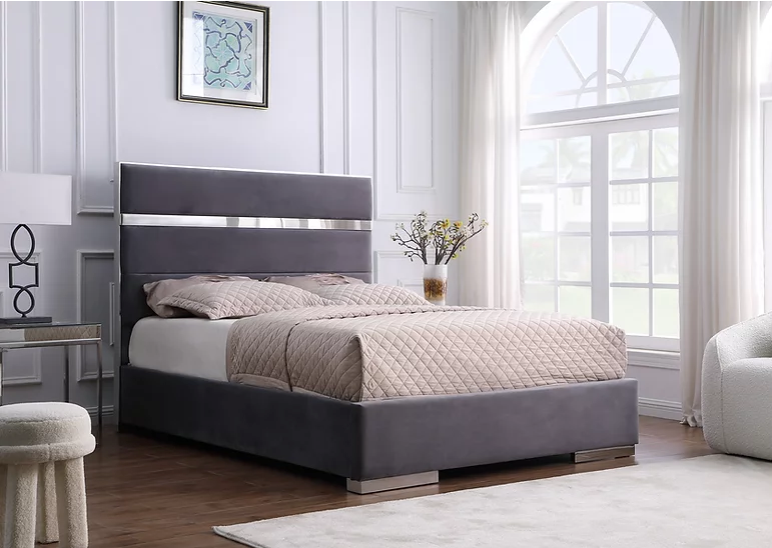 CARTIER GOLD TRIM BED IN SILVER VELVET WITH SILVER LEGS