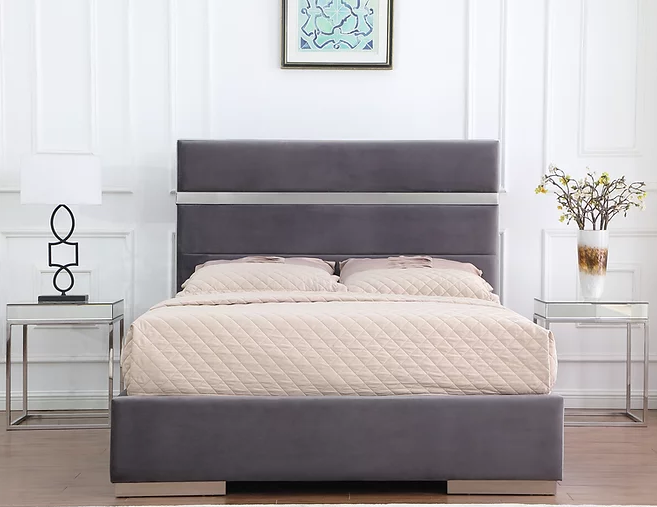 CARTIER GOLD TRIM BED IN SILVER VELVET WITH SILVER LEGS