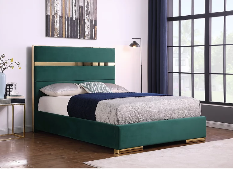 CARTIER GOLD TRIM BED IN GREEN VELVET WITH GOLD LEGS