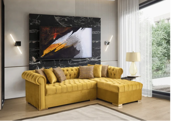FLOOR MODEL* AUDREY MUSTARD VELVET RAF CHAISE SECTIONAL