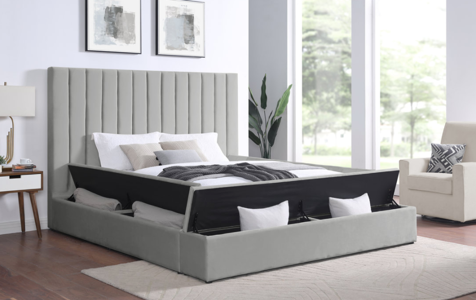 FRANCE GRAY VELVET STORAGE PLATFORM BED