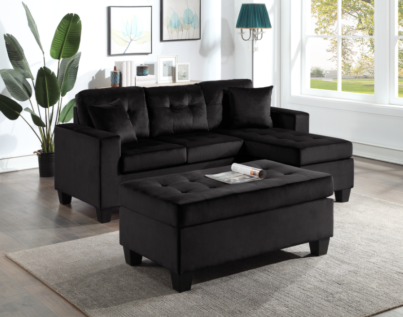 NAOMI BLACK VELVET REVERSIBLE SOFA CHAISE & OTTOMAN
