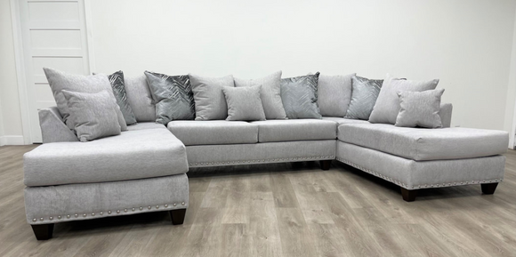 DOVE GRAY FABRIC DOUBLE CHAISE SECTIONAL WITH NAILHEADS