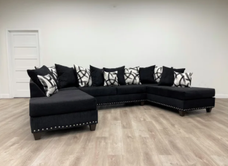BLACK FABRIC DOUBLE CHAISE SECTIONAL WITH NAILHEADS