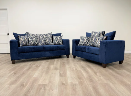 BLUE CHENILLE FABRIC SOFA & LOVESEAT