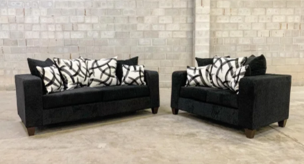 BLACK CHENILLE FABRIC SOFA & LOVESEAT