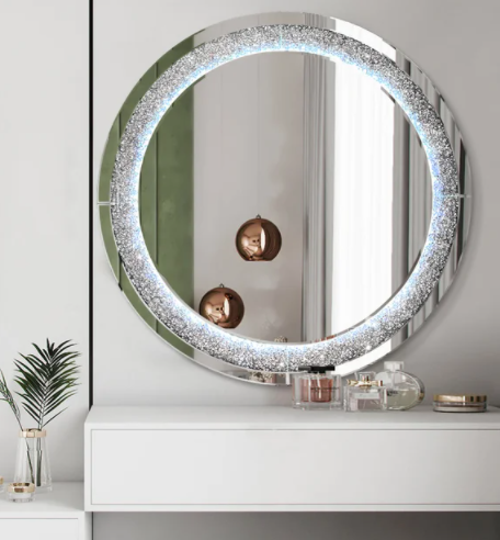 ROUND CRUSHED GLASS BEZEL LED MIRROR